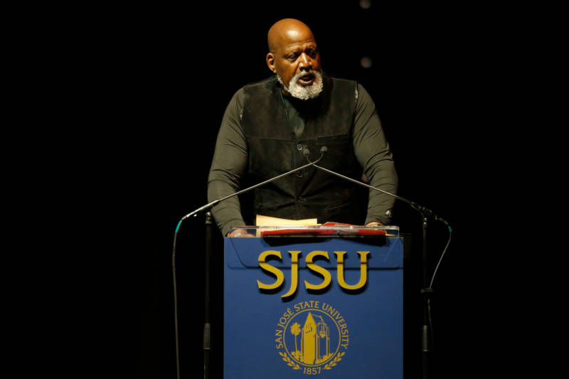 Dr. Harry Edwards, now Professor Emeritus at UC Berkeley, addresses a celebration at San Jose State University.