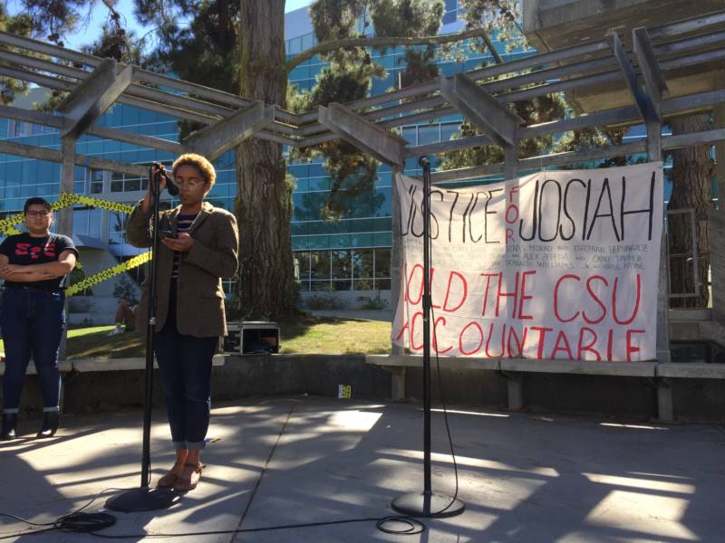 Akaelah Flotho speaks at a 'Justice for Josiah' rally at San Francisco State's Malcom X Plaza on Monday, Oct. 15, 2018.