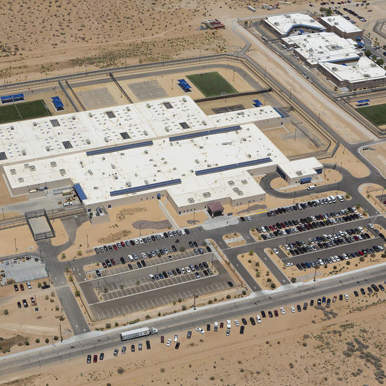 An aerial view of the Adelanto ICE Processing Center in Southern California. It is the state's largest immigrant detention facility.