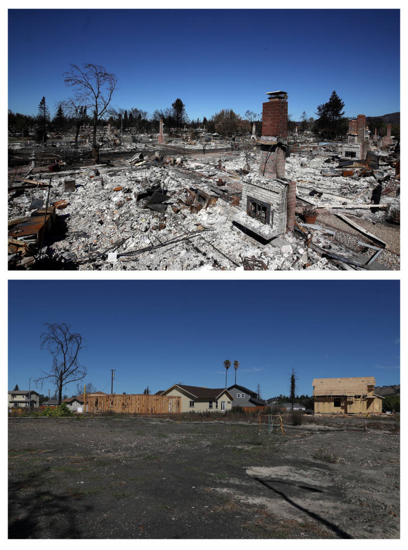 In this composite image a comparison has been made between the days of the 2017 Tubbs Fire and what those areas look like on the one year anniversary of California's most destructive wildfire complex. (top image) A view of homes in the Coffey Park neighborhood that were destroyed by the Tubbs Fire on October 23, 2017 in Santa Rosa. (bottom image) A newly constructed home stands on the site that was destroyed by the Tubbs Fire one year earlier on October 8, 2018 in Santa Rosa.