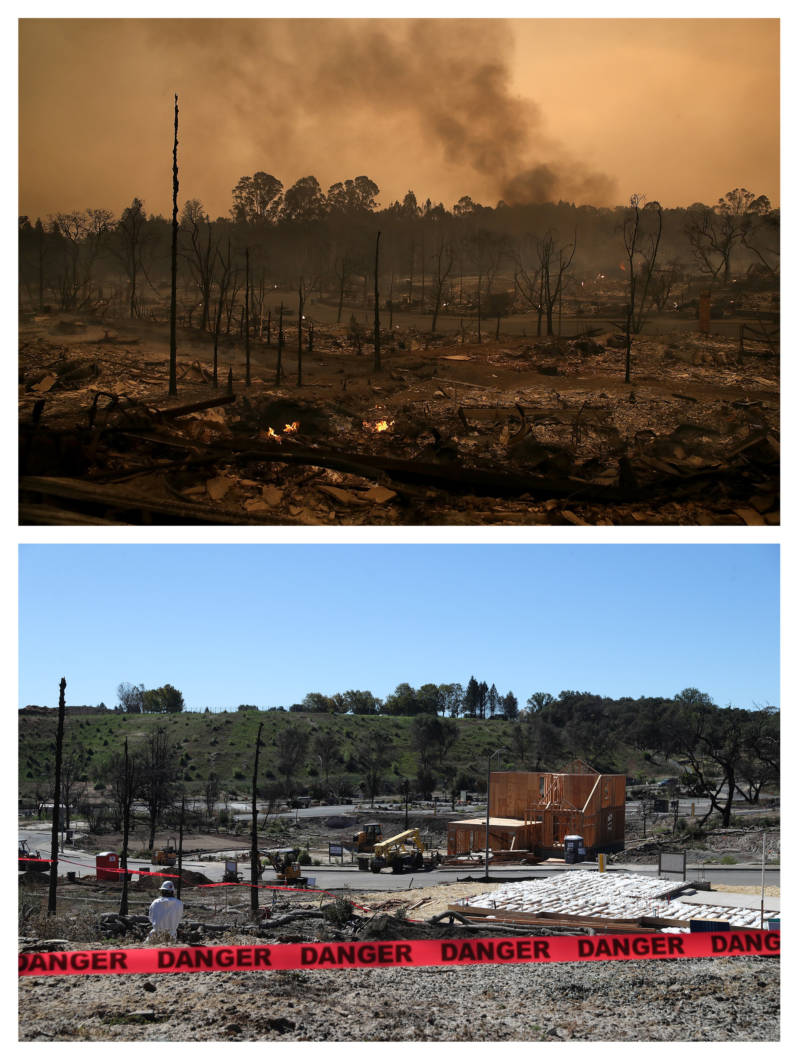 (Top image) Smoke billows from a neighborhood that was destroyed by a fast moving wildfire on October 9, 2017 in Santa Rosa. (Bottom image) A newly constructed home stands in a neighborhood that was destroyed by the Tubbs Fire one year earlier on October 8, 2018.