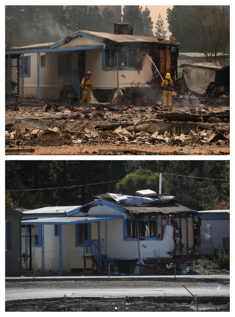 (Top image) Firefighters spray water on fire damaged mobile home at the Journey's End Mobile Home Park on October 9, 2017 in Santa Rosa. (Bottom image) A burned mobile home stands at the Journey's End Mobile Home Park that was destroyed by the Tubbs Fire one year earlier on October 8, 2018.