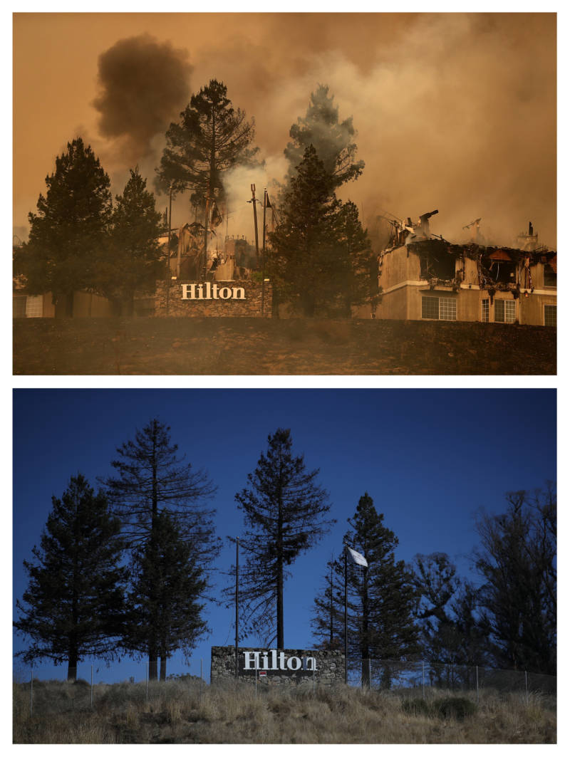 (Top image) Smoke can be seen rising from the Hilton Sonoma Wine Country on October 9, 2017 in Santa Rosa. (Bottom image) The Hilton sign remains at the site of the Hilton Sonoma Wine Country that was destroyed by the Tubbs Fire one year earlier on October 8, 2018 in Santa Rosa.