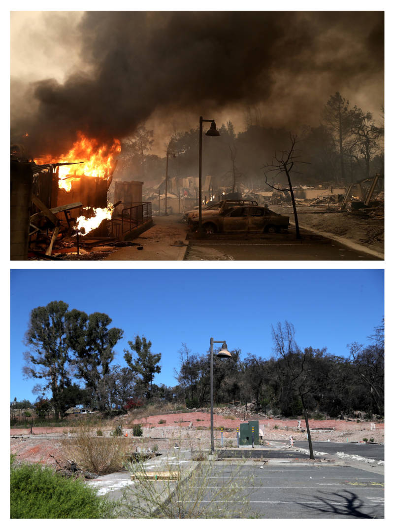 (Top image) Burned out cars sit next to a building on fire in a fire ravaged neighborhood on October 9, 2017 in Santa Rosa. (Bottom image) A light pole stands in a parking lot of a store that was destroyed by the Tubbs Fire one year earlier on October 8, 2018 in Santa Rosa.