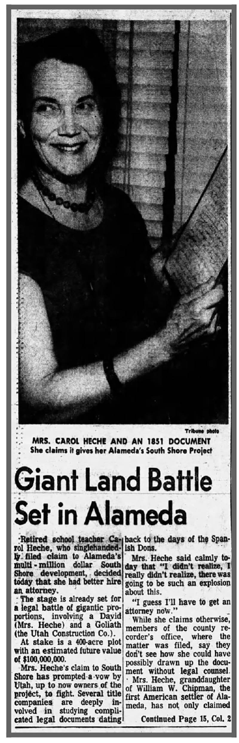 A newspaper clipping detailing one of Carol Heche's other legal battles borne out of her claim to submerged land off of Alameda Island.