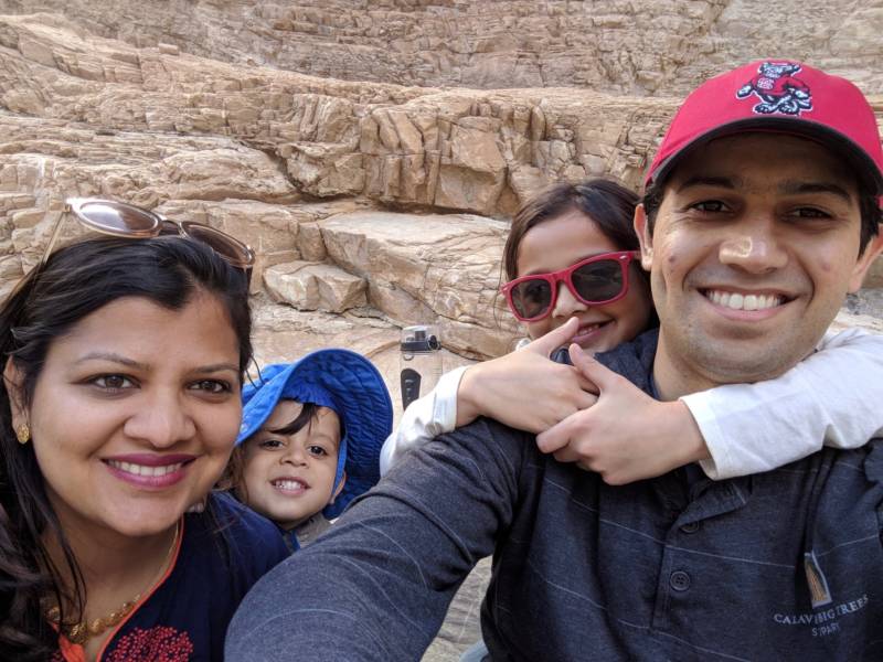 Leena Bhai with her family on vacation in 2018 at Death Valley. Her husband Siddharth has a job at Google and an H-1B visa, but because of the years-long wait time Indian applicants face for an employment-based green card, the Bhais feel like they may have to give up on their "American dream." 