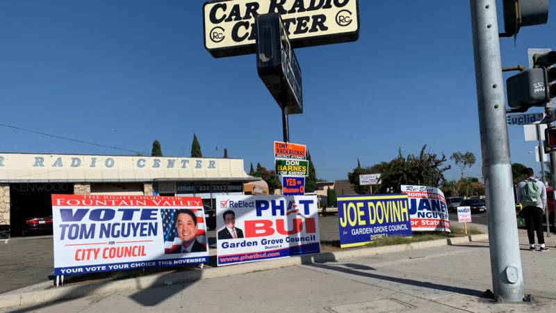 In the Orange County neighborhood known as Little Saigon, signs for political candidates with Vietnamese names line an intersection. The state's growing Asian-American population is expected to have an impact on the midterms in November.