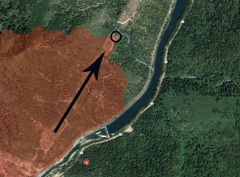 In the image above, the apparent ignition point of the Camp Fire, according to Cal Fire, is highlighted with a black circle. The black arrow is overlaid directly over the path of PG&E's transmission lines, oriented in the direction the lines run. Thus the apparent ignition point lies directly below the transmission lines. Poe Dam may be seen spanning the Feather River at bottom-left.