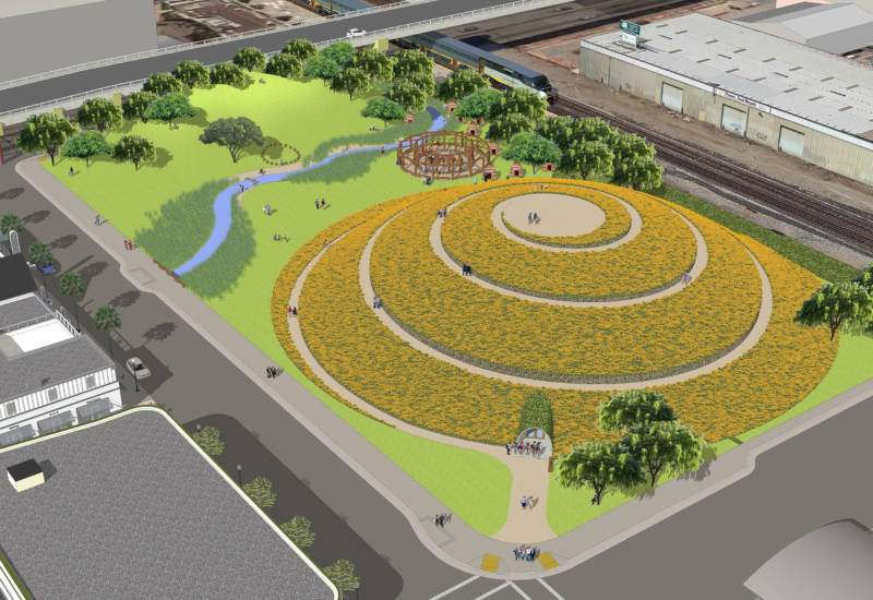 A vision for what an open space at 1900 Fourth St in West Berkeley could look like. It would be a monument to Ohlone ancestors and the shellmound that once stood here. 