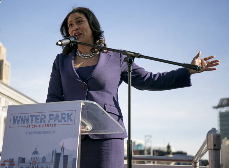 Mayor London Breed gives opening remarks at the grand opening of Winter Park at Civic Center in front of City Hall on Nov. 30, 2018. Breed referred to the opening as part of a larger initiative by the city to make Civic Center a "safe and inviting space" for visitors and families in the surrounding neighborhoods.