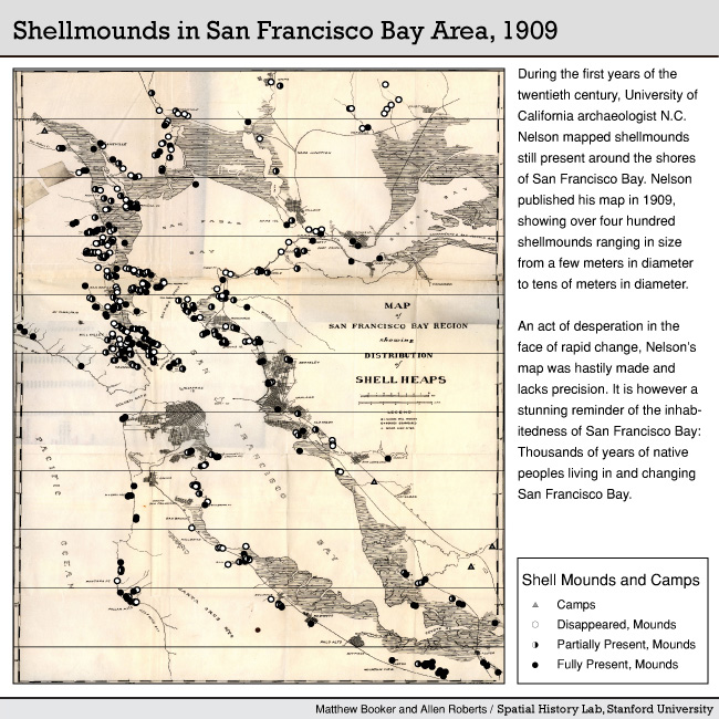 A map of shellmounds documented in 1909 by archaeologist Nels Nelson.