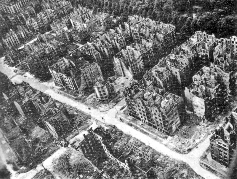 Burned-out buildings in Hamburg, Germany, following the 1943 allied bombing and resulting firestorm.