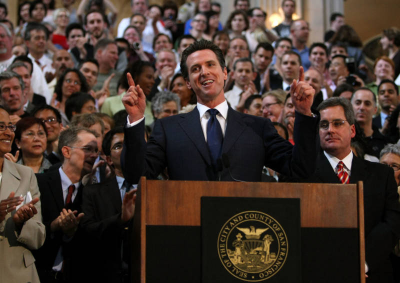Gavin Newsom, then mayor of San Francisco, speaks during a news conference following a California Supreme Court decision to overturn the ban on same-sex marriage on May 15, 2008.