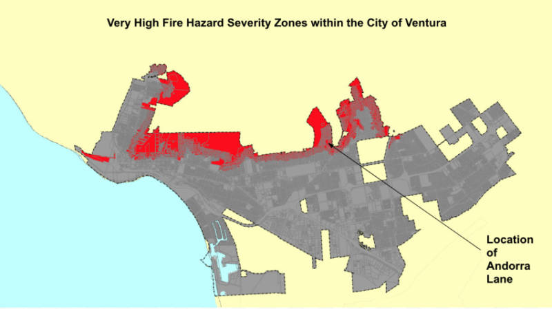 CalFire's "very high fire hazard severity zone" map of the City of Ventura. Areas colored red have very high fire risk. Andorra Lane is in one such area.