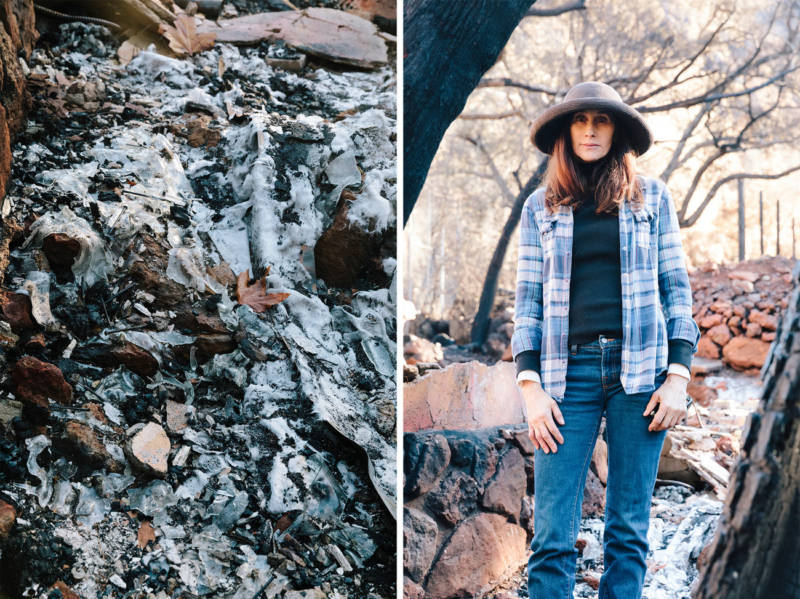 Left: On Linda Rappoport's property, the glass liquefied and flowed like a river, before solidifying again. Right: Rappoport lives behind the Rock Store. The house she had just finished remodeling two days before the fire burned to the ground. Another smaller front house was left standing. She was sleeping when the evacuation orders were announced and awoke to the fire surrounding her property.
