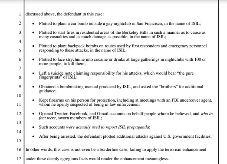 A portion of the prosecution's sentencing memorandum, summarizing Alhaggagi's conduct.