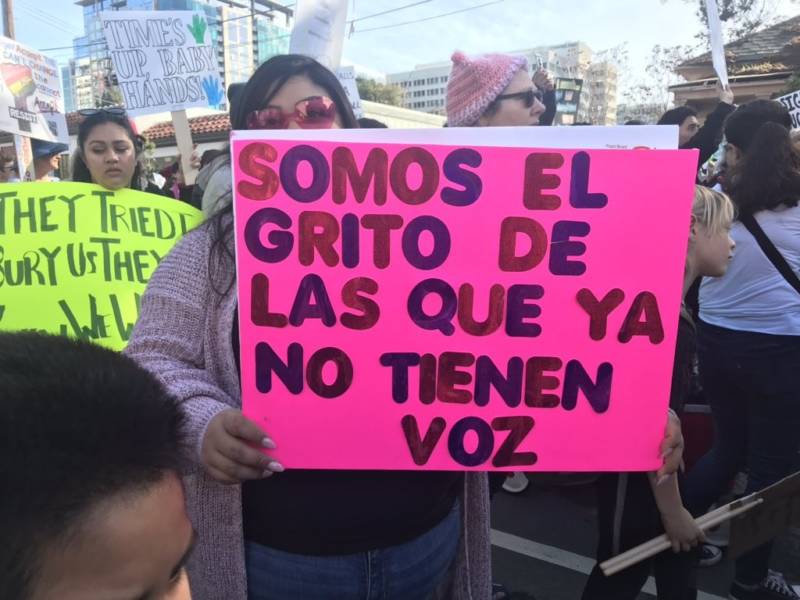 A woman carries a sign at the San Jose Women's March with a familiar Spanish rallying cry which reads, 'We are the cry of those who no longer have a voice.'