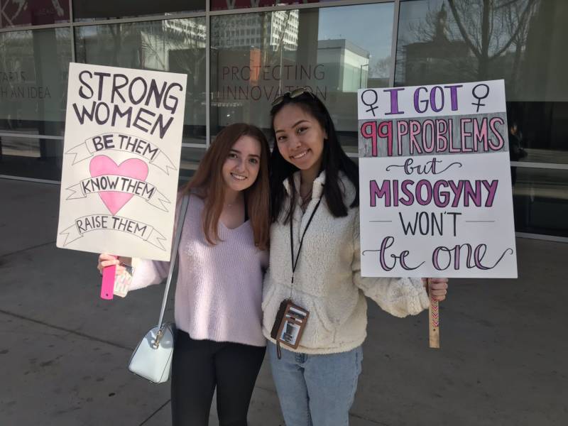 Emily Munoz and Michelle Nguyen in front of San Jose City Hall for the Women's March. They say they came to support all women and those who are underrepresented to have equal rights. Nguyen says it’s a great opportunity to come out and stand with other women.