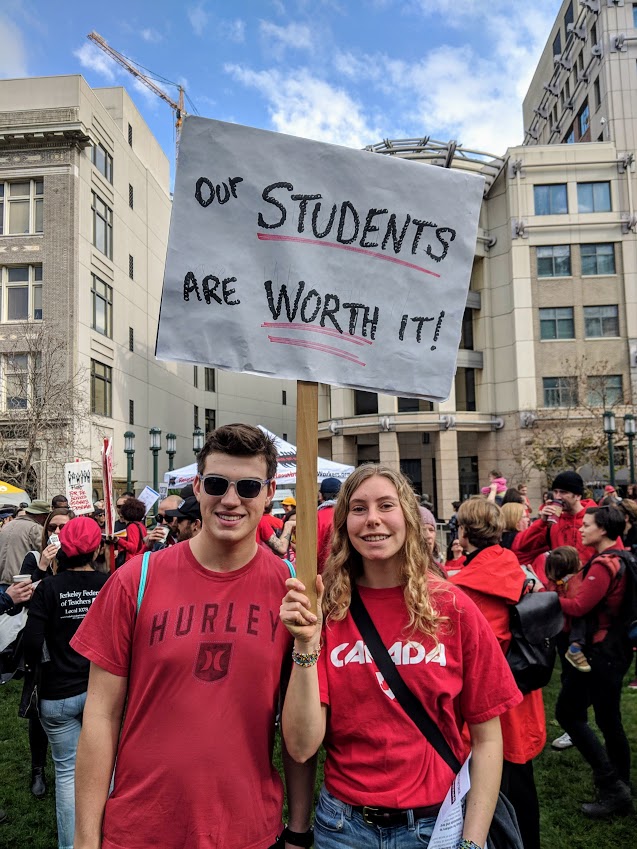 Casey Levitt and Theodore Zarobell are seniors at Oakland Tech. They are supporting their teachers at the rally. "We could use more counselors at our school," says Levitt. "We have 500 students to a counselor. Many students have mental health issues they can't deal with at home."