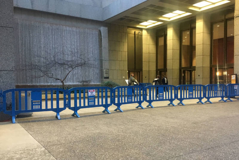 A barricade stood in front of PG&E's San Francisco headquarters on Jan. 14, 2019, the day the company announced it plans to file for bankruptcy protection.
