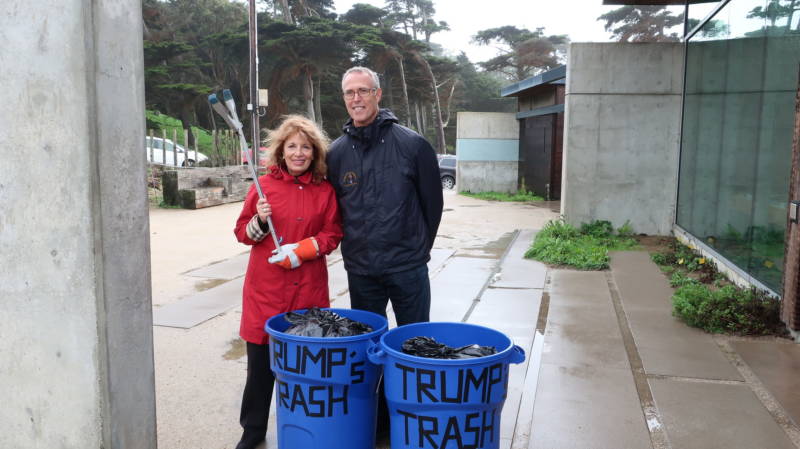 Reps. Jackie Speier and Jared Huffman stand with trash collected at Lands End and Ocean Beach on Jan. 5, 2018, during the government shutdown. They delivered the trash to the White House a few days later.