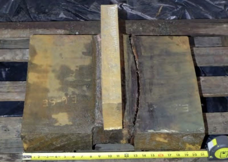 A section of one of two Transbay Transit Center girders that were found cracked last September, forcing the facility's long-term closure.