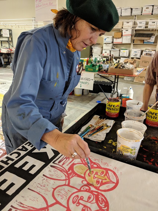 Julie Searle teaches middle school in Berkeley and joined the 'art build' in solidarity with the Oakland teachers. 'It's uplifting and builds solidarity when we make things together,' Searle said.