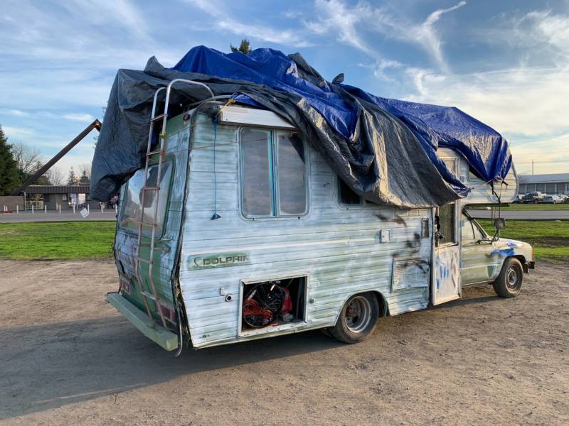 An abandoned RV at the last remaining Red Cross shelter providing housing for victims of the Camp Fire.