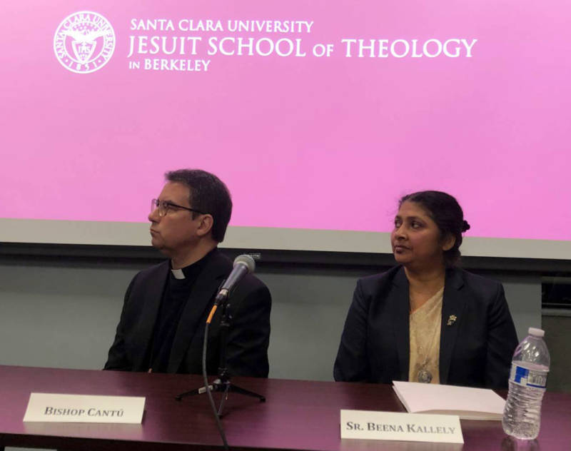 Bishop of San Jose, Oscar Cantu (L) and Santa Clara University Jesuit School of Theology graduate Beena Kallely speak on a panel about sex abuse in the Catholic church in Berkeley on Feb. 19, 2019.