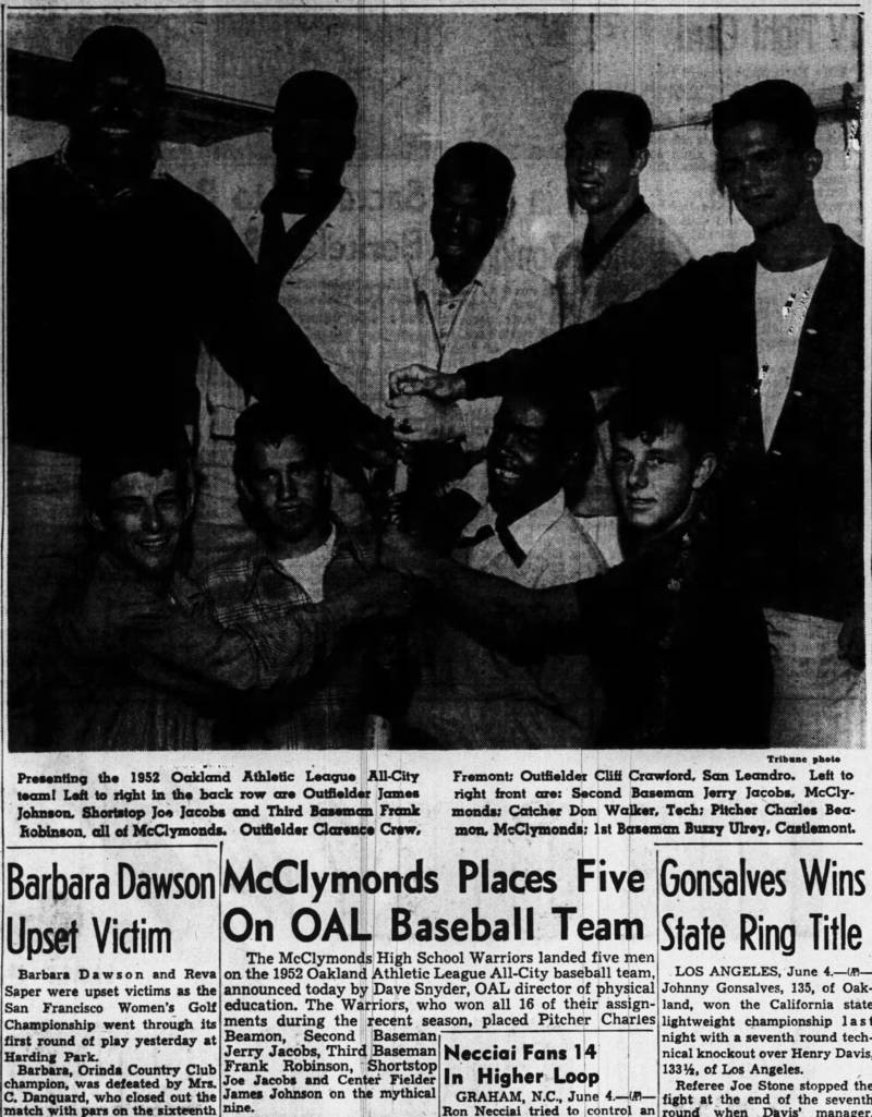 The June 4, 1952, issue of the Oakland Tribune touts the five McClymonds baseball players named to all-city team, including Frank Robinson, pictured standing in the back row.