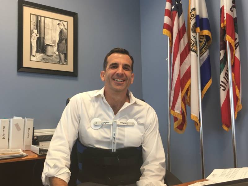 San Jose Mayor Sam Liccardo, who's still in a body brace after an SUV hit him while he was cycling in the city January 1, 2019. 