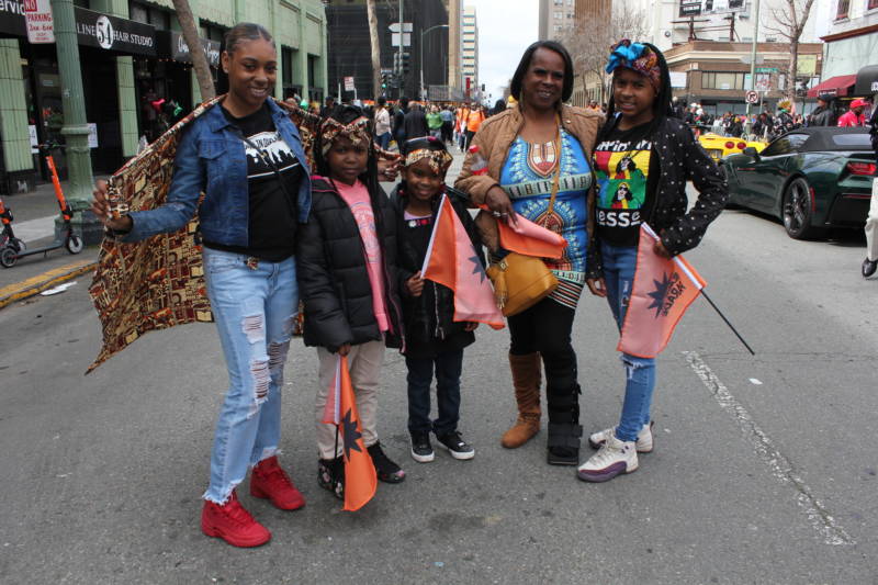 Grandma Vickie Goins of Oakland brought her granddaughters to the parade: Constance Capers, Kaliyah Capers, Lamariah Hayes, and Emerald Capers. "I grew up in an atmosphere of black empowerment," Goins said. "My aunt was a Black Panther."