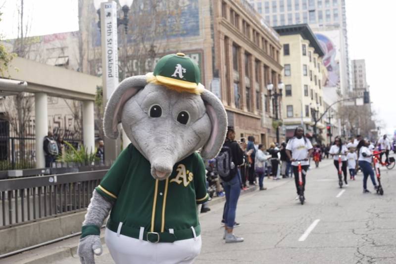 Oakland A's mascot Stomper gets into the swing of the Black Joy Parade.