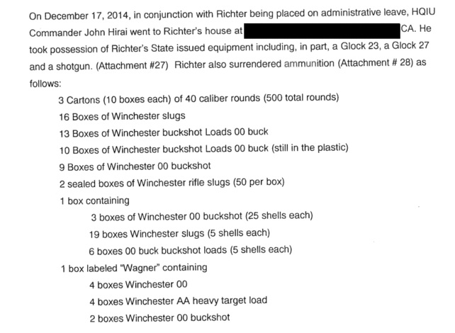 A portion of the records from the Department of Consumer Affairs administrative investigation into Steven Richter lists some of the ammunition recovered from his home.