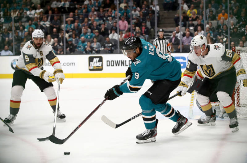 Evander Kane #9 of the San Jose Sharks controls the puck against the Las Vegas Golden Knights at SAP Center on March 18, 2019 in San Jose.