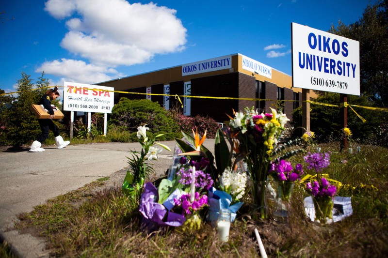 A makeshift memorial sits outside Oikos University on April 4, 2012, where One Goh shot and killed seven people.