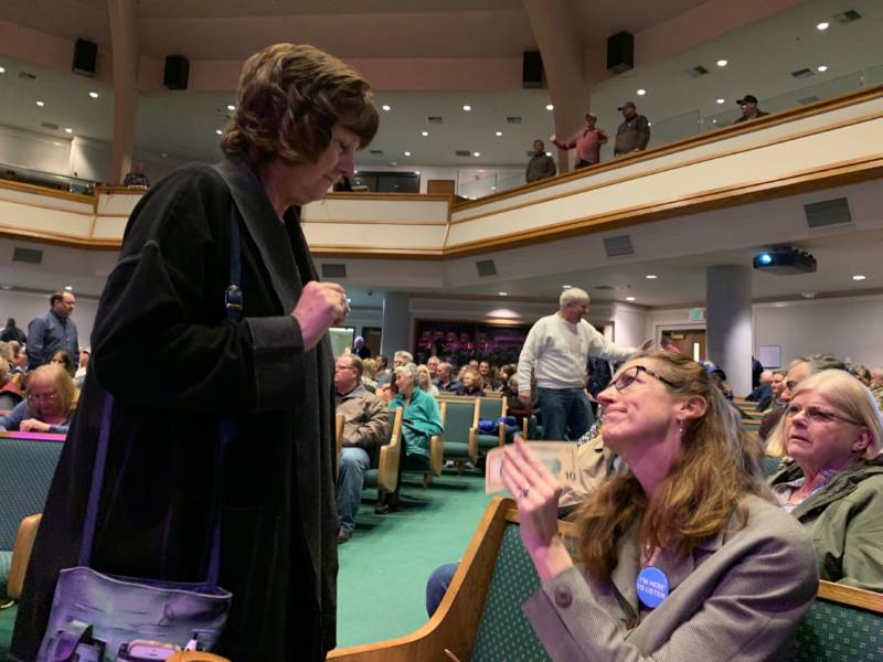Paradise Mayor Jody Jones talks with anxious constituents at a recent town hall meeting at Paradise Alliance Church about rebuilding their town, destroyed in last fall's Camp Fire.