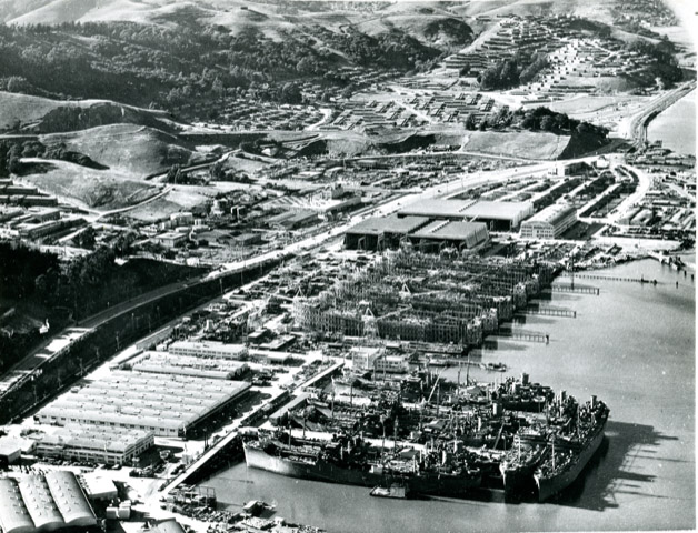 The Marinship shipyard along the Sausalito waterfront in 1943. After the war, a local shipyard worker acquired much of the land and excess materials and gave them to returning soldiers and free spirits to live on.