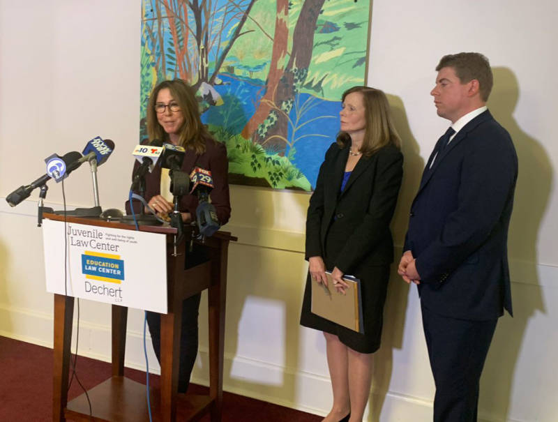 Marsha Levick, Juvenile Law Center chief legal officer, speaks at a press conference along with Maura McInerney, Education Law Center legal director (center) on April 11.