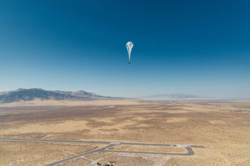 Project Loon sends networks of stratospheric balloons up into the air: 60 to 70,000 feet up, above where airplanes fly, below where satellites orbit. Those balloons were developed at Moffett Field.