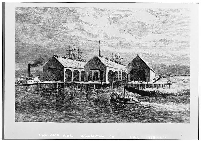 The Oakland Long Wharf in 1878. In 1869, the wharf became the western terminus of the First Transcontinental Railroad.
