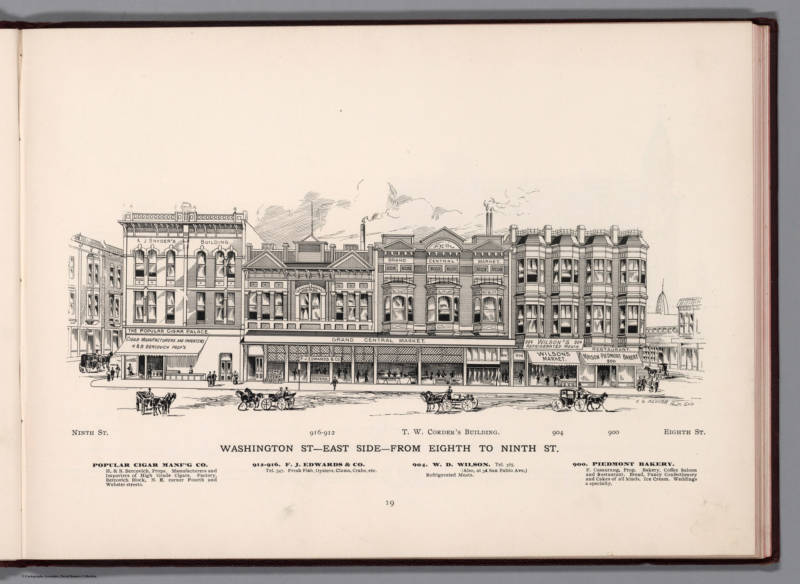 An illustrated directory of Oakland from 1896 featuring the east side of Washington Street between 8th and 9th Streets shows some of the businesses that made up Oakland's original downtown.