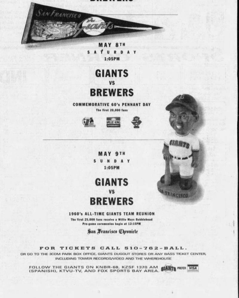 An ad in the San Francisco Examiner on May 2, 1999, highlights the upcoming Willie Mays bobblehead promotion as part of a weekend of 1960s-related events.