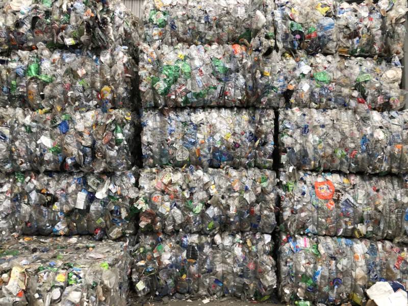 A wall of plastic products waiting to be shipped off at the Recology recycling plant on Pier 96 in San Francisco.