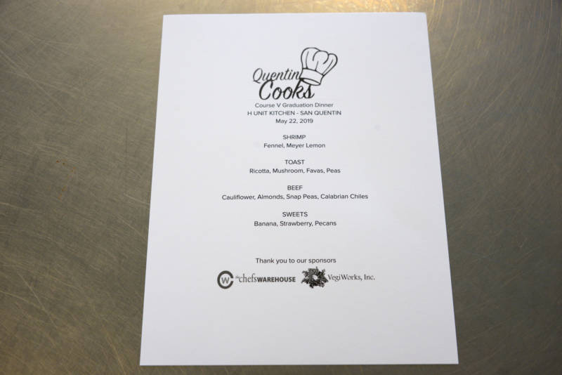 The dinner menu for the Quentin Cooks graduation at San Quentin State Prison on May 22, 2019.