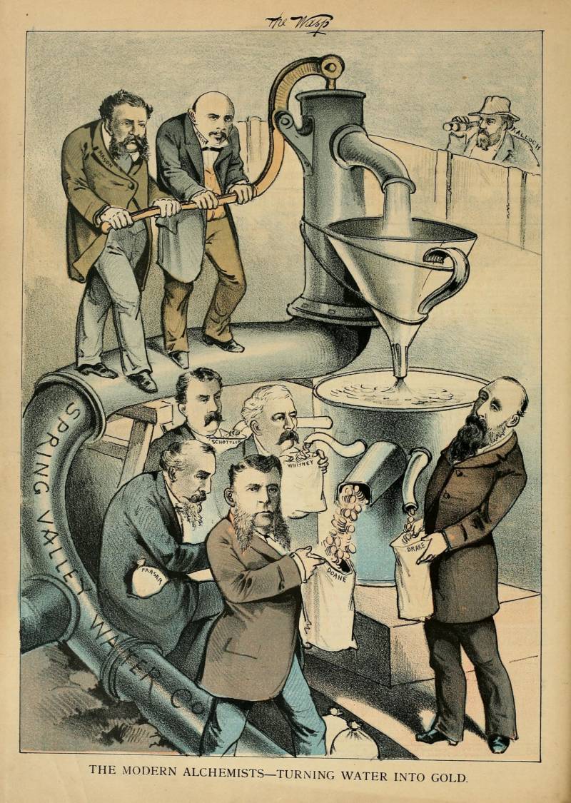 From the June 25, 1881 edition of "The Wasp," a political cartoon with the caption "The modern alchemists turning water into gold."