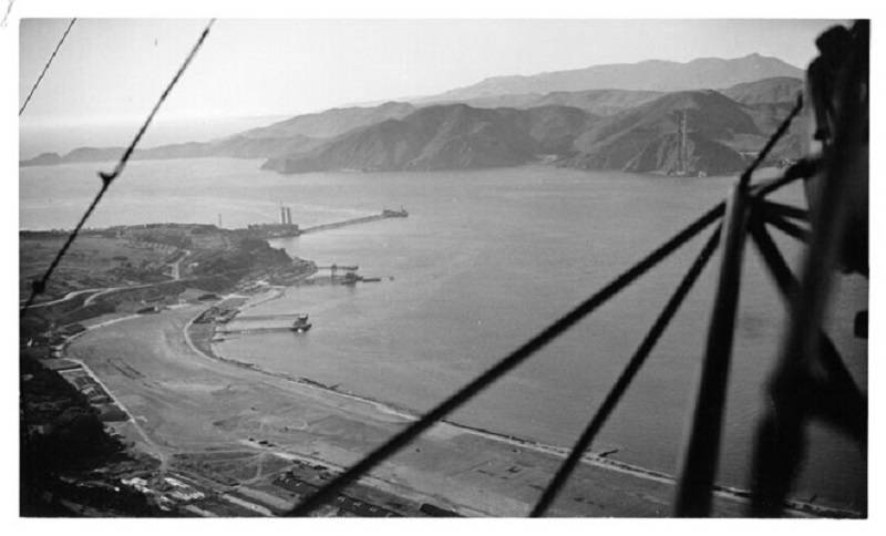A view of Crissy Field and an under construction Golden Gate Bridge from a Navy blimp, sometime between 1933 and 1937.