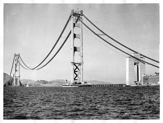 A not-quite-done Golden Gate Bridge between 1933 and 1937.