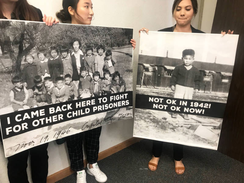 College students turned out in San Francisco's Japantown on Thursday to protest the incarceration of migrant children at the border and highlight parallels to the internment of Japanese Americans during World War II.