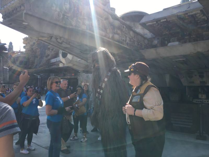 Chewbacca greets visitors on media day outside of the Millennium Falcon. 